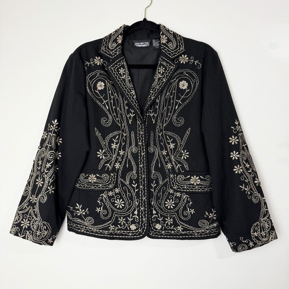 Vintage Boho Western Jacket Black Tan Embroidery Floral New Direction Women’s L